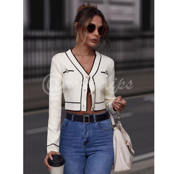 Off White Cropped Cardigan Contrast Black Binding Button Front Silver Buttons - Picture 6 of 7